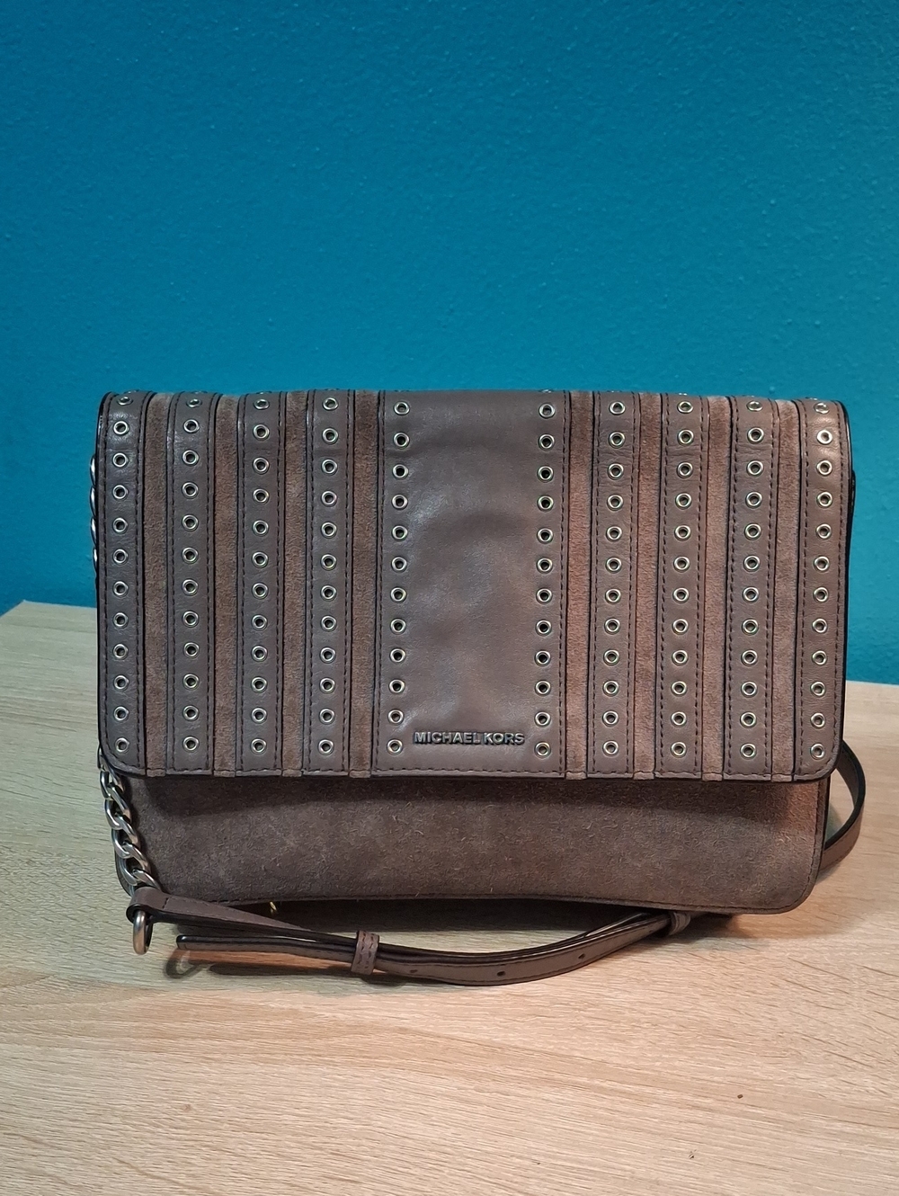 Michael Kors Brooklyn Leather Studded Croasbody Bag In Cinder